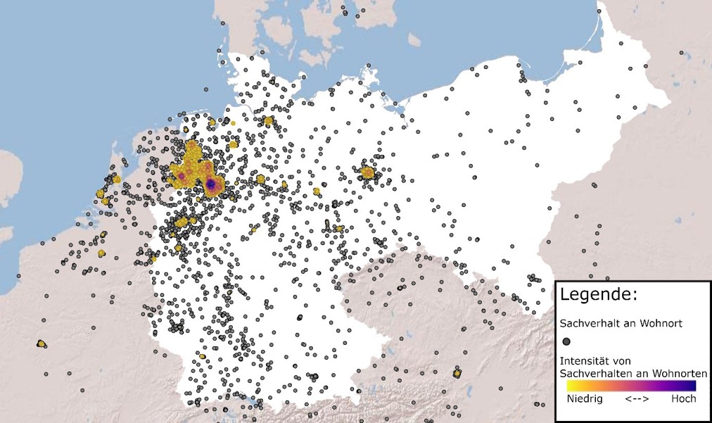 Distribution map of Gestapo case records by place of residence